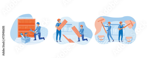 Home renovation with plumber contractor worker. Home renovation with carpentry contractor workers doing indoor maintenance. Home renovation concept. Set flat vector modern illustration