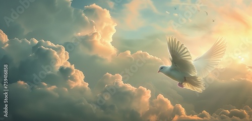 A tranquil landscape of a sky burial, adorned with billowing clouds and a lone white dove, embodying ethereal peace.