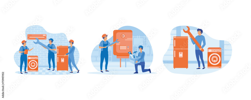Obraz premium Electrician, mechanic or repairer at work. Plumber worker repairs broken water heater. Home appliance repair technician service with washing machine. Set flat vector modern illustration