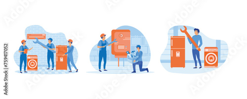 Electrician, mechanic or repairer at work. Plumber worker repairs broken water heater. Home appliance repair technician service with washing machine. Set flat vector modern illustration