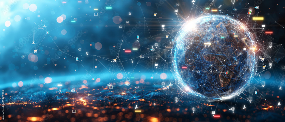 Obraz premium A vibrant globe surrounded by digital icons over a cityscape at night