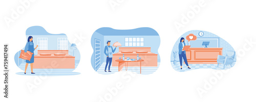 Hotel jobs. Room service, breakfast in bed, hospitality business. Room service, hotel management, hospitality business. Set flat vector modern illustration