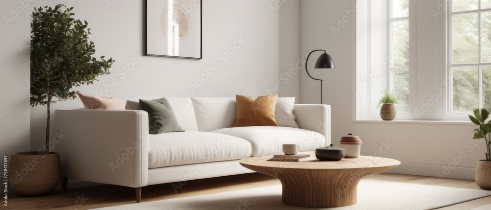 Scandinavian home interior design. Round wood coffee table against white sofa. Scandinavian home interior design. Round wood coffee table against white sofa.