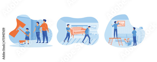 Home repair services, professional workers. Guys move sofa furniture in room. Home repair services, professional workers Ladders for repair tools. Set flat vector modern illustration