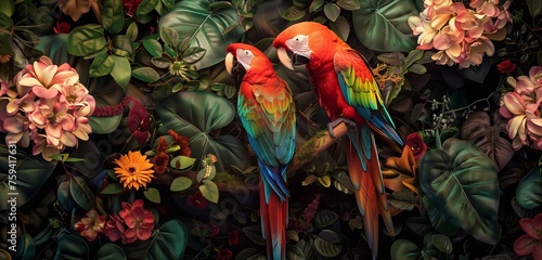 An exotic parrot nestled among vibrant flowers on a tree branch  a lively scene capturing nature s vivid palette.