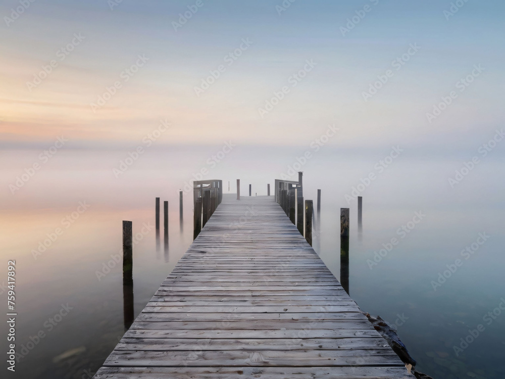 wooden pier at misty dawn in a still sea