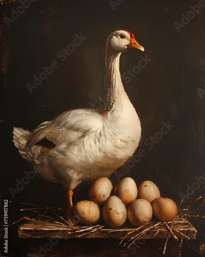 Oil painting of  white duck and eggs with moody vintage, , For wall art, digital art, home decor , background and wallpaper