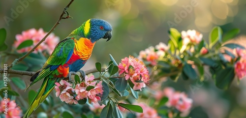 A vibrant parrot perched on a flowering tree branch, its plumage blending with blossoms, a burst of natural beauty.
