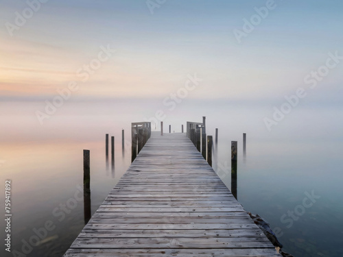 wooden pier at misty dawn in a still sea