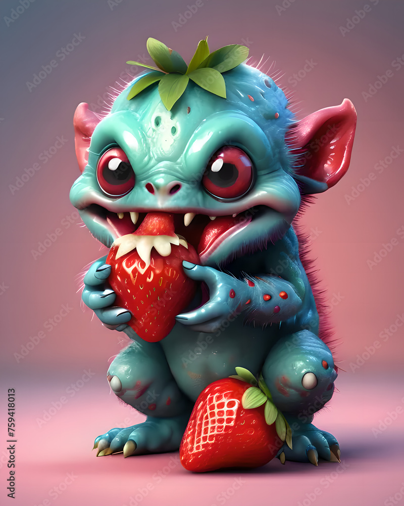 Cute little monster eating strawberries, for characters design, for ilustrations design, for 3d design. Cute little monster eating strawberries, for characters design, for ilustrations design, for 3d design.