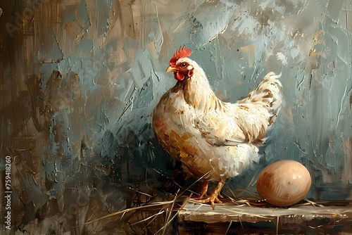 Oil painting of chicken in a barn with moody vintage, , For wall art, digital art, home decor , background and wallpaper