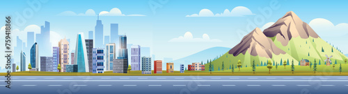 Urban cityscape and suburban with mountain landscape concept. Vector cartoon illustration