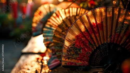  holding a delicate paper fan with intricate designs. photo