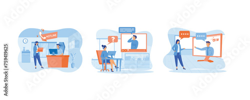 Hotline operator concept. Female hotline operator advises client. Technical support for customers, telephone hotline for business. Set flat vector modern illustration