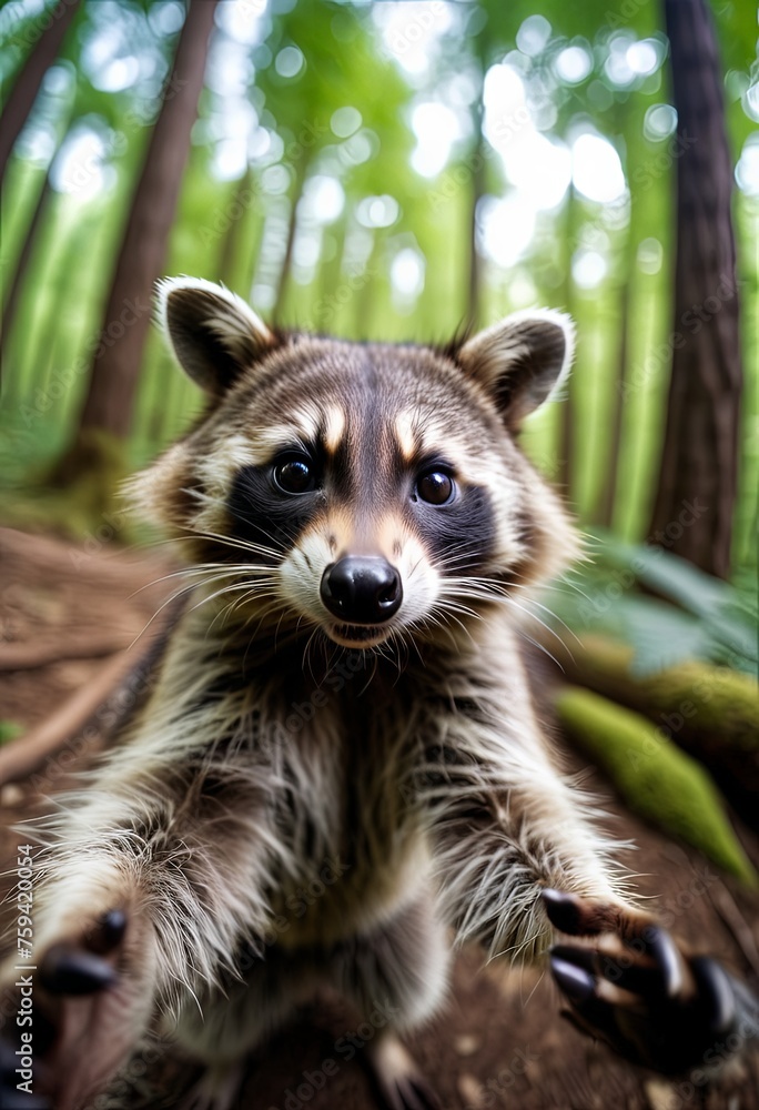 Obraz premium Animal make selfie in forest. Close-up Raccoon in forest take selfie. interaction between wildlife and modern photography trends
