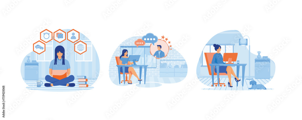 Woman works from home with laptop. Talking with Colleagues Online. Woman sitting at desk in room, looking at computer screen. Set flat vector modern illustration Woman works from home with laptop. Talking with Colleagues Online. Woman sitting at desk in room, looking at computer screen. Set flat vector modern illustration