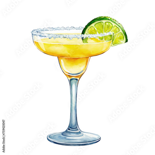 Margarita cocktail in a margarita cocktail glass glass watercolor illustration, vector clipart, drink, yellow cocktail, cut out on white background, party drink, celebration