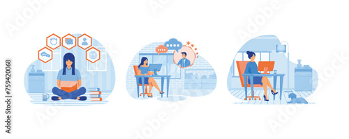 Woman works from home with laptop. Talking with Colleagues Online. Woman sitting at desk in room, looking at computer screen. Set flat vector modern illustration