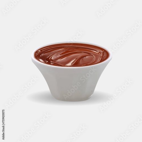 Dark Brown Melt Chocolate: In a white bowl dark brown melt chocolate isolated on white background.