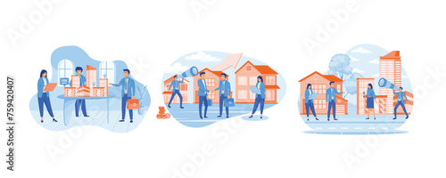 Real estate business concept with houses. Real estate market growth. House selection and search. Set flat vector modern illustration