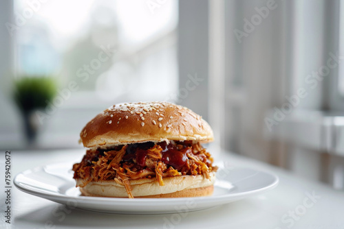 Delicious BBQ Pulled Pork Sandwich on White Plate Gen AI photo