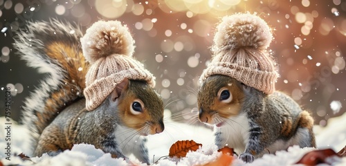 Adorable squirrels donning knitted hats, frolicking in freshly fallen snow on a serene winter morning. Pure enchantment captured.