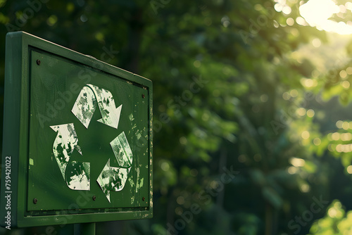 An opaque, matte - finished recycle sign, featuring digital arrows representing sustainable energy flow, against a forest green background.