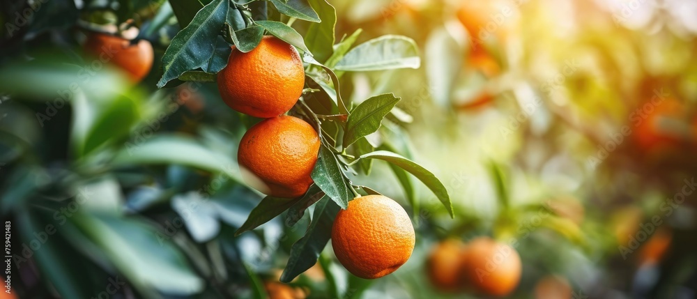 Fresh citrus branches with organic ripe fresh oranges tangerines growing on branches with green leaves in sunny garden