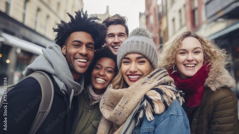 group of friends having fun together outdoors, Young cheerful people walking outside in winter group of friends having fun together outdoors, Young cheerful people walking outside in winter
