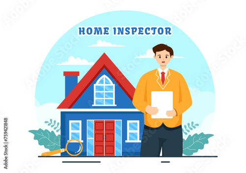 Home Inspector Vector Illustration with Checks the Condition of the House and Writes a Report for Maintenance Rent Search in Flat Background
