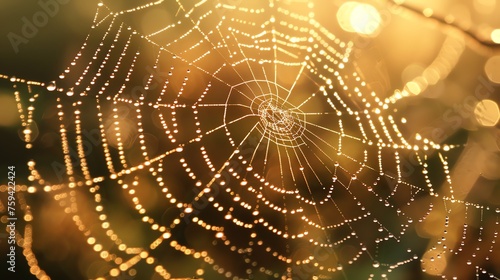 Close-up view of spider web with morning dew lit by sun © MochRibut