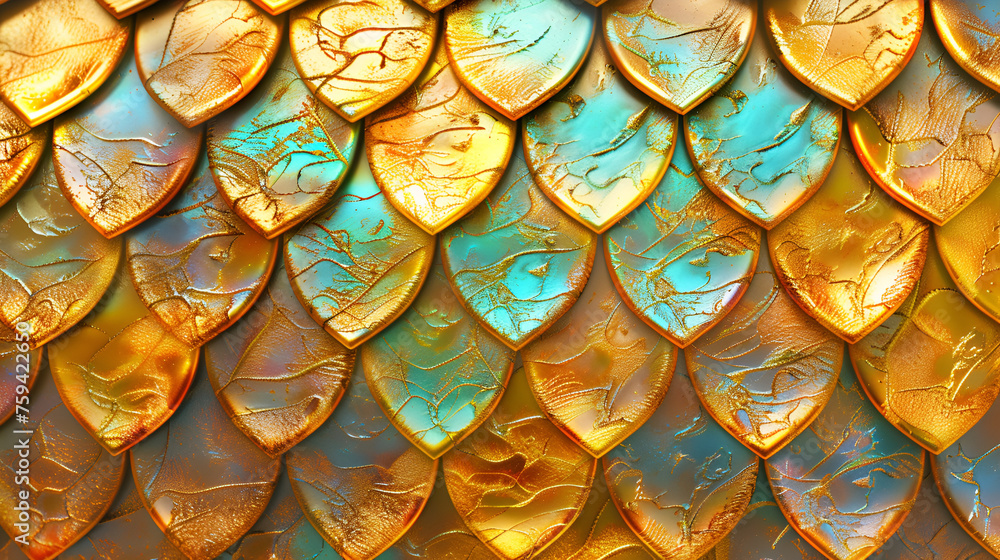 Texture of luxury golden chinese dragon or mermaid scales close up. generative ai 
