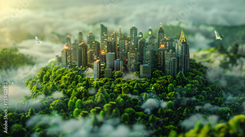 A dreamlike view of a cityscape seamlessly blending into a lush forest, with clouds weaving through the scenery.