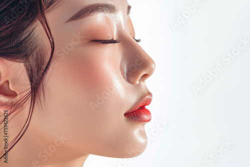 Beautiful asian woman with closed eyes and long eyelashes isolated on white background, closeup portrait, copy space concept, beauty salon ad banner