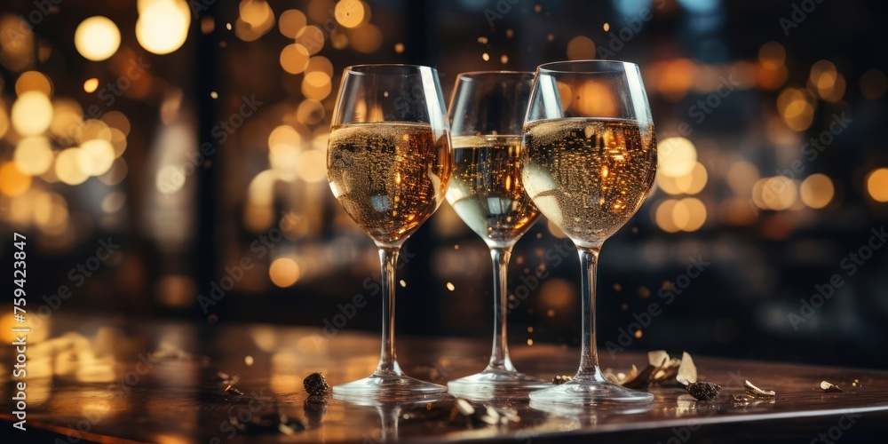 Three Glasses of Champagne on Table Generative AI - obrazy, fototapety, plakaty 