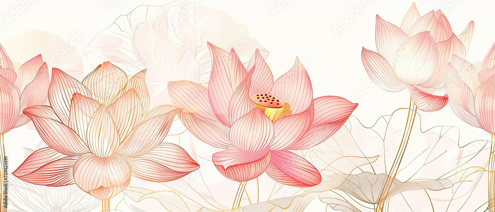 Pink and gold line lotus flower and leaves on white Background, luxury ...