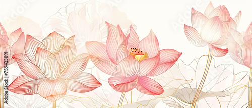Pink and gold line lotus flower and leaves on white Background, luxury vector background, suit for invitation cards, line art.