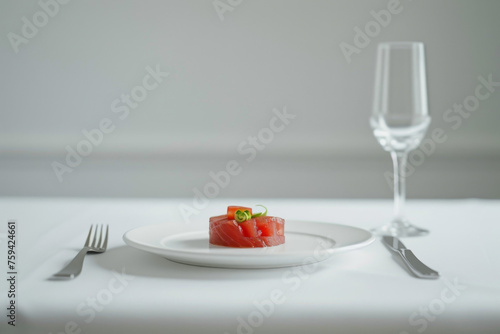 Exquisite Bluefin Tuna Tartare on Elegant White Setting Gen AI photo