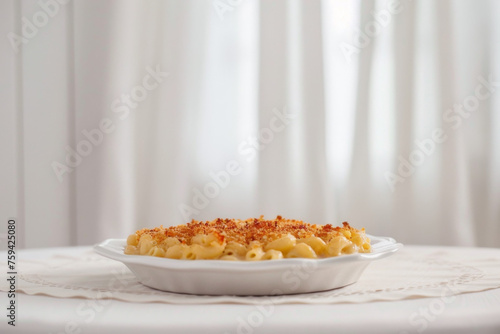 Delicious Macaroni and Cheese on White Plate in Minimalistic Setting Gen AI photo