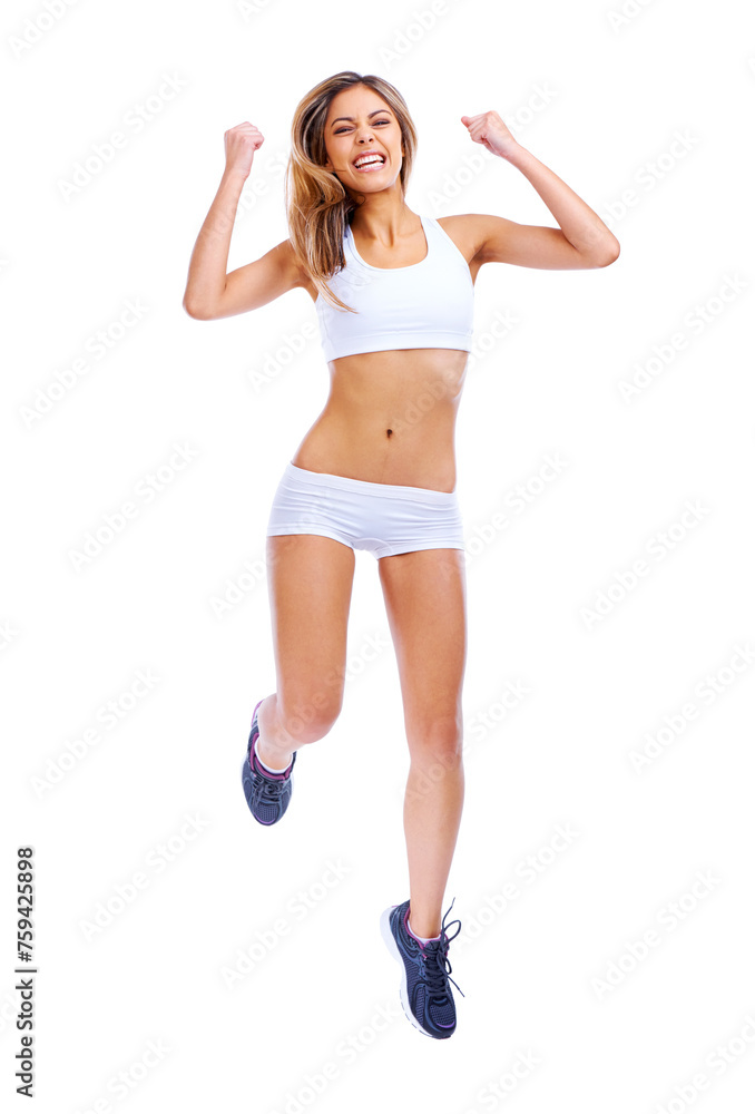 Portrait, woman or jump in success of fitness, exercise or training in studio on white background. Female person, excited or hands in air as performance, power or celebration of gym achievement Portrait, woman or jump in success of fitness, exercise or training in studio on white background. Female person, excited or hands in air as performance, power or celebration of gym achievement