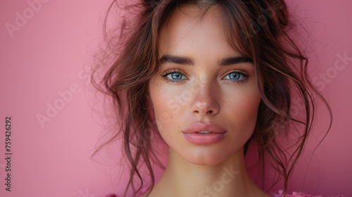 Close up beauty portrait of a model in with blue eyes and brown hair in front of a pink background