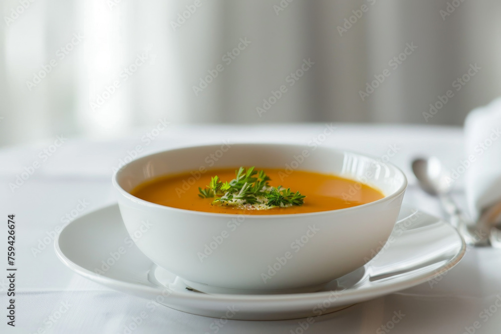 Delicious Butternut Squash Soup Presentation on White Table Gen AI Delicious Butternut Squash Soup Presentation on White Table Gen AI