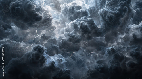 dramatic illustration of dark and wavy cloudy sky with lightning strikes line. Generative AI 