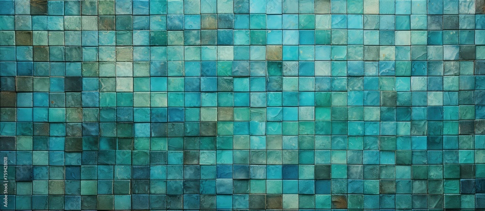 Background texture of old handmade green and turquoise ceramic mosaic tiles with wide field of view. Background texture of old handmade green and turquoise ceramic mosaic tiles with wide field of view.
