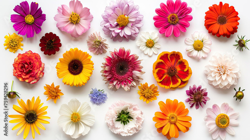 Top view of head shot flowers full depth of field on the photo. Big collection set of various colorful Flowers isolated on White Background Studio shot perfectly retouched, Flat lay.