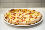 Delicious Carbonara Pizza on White Table with Nikon D7000 Gen AI