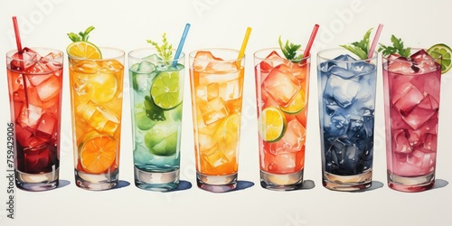 Array of Colorful drink-set in Watercolor Generative AI