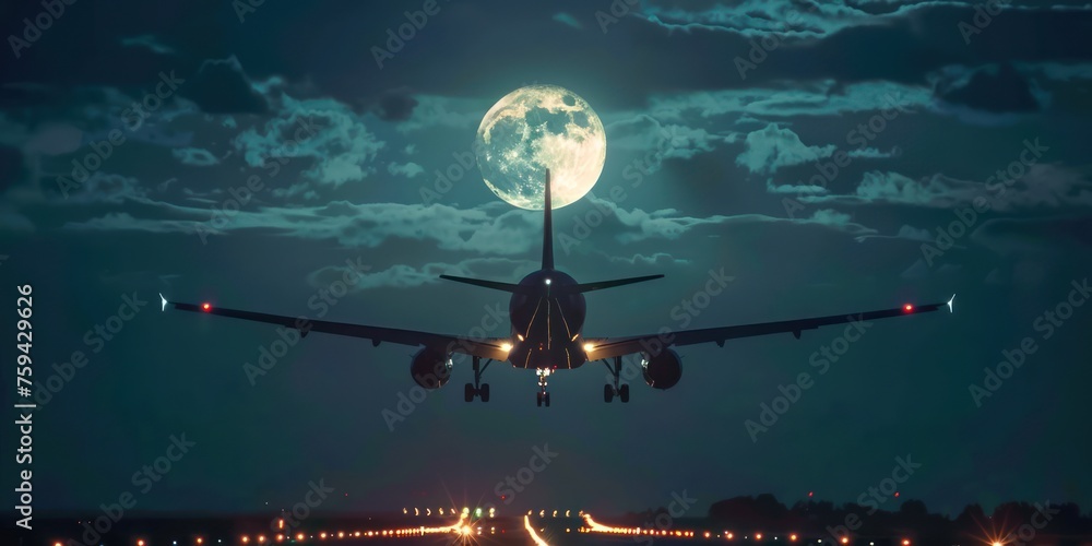 passenger plane full moon  - obrazy, fototapety, plakaty 