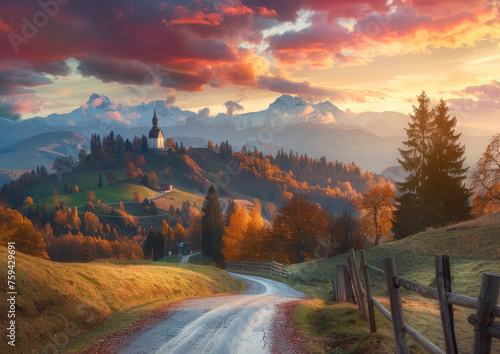 Beautiful autumn landscape with a small church in the mountains at a colorful sunset, road and forest on green hills