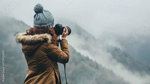 Woman photographer with photo camera taking photo of foggy mountains landscape Travel Lifestyle concept adventure vacations outdoor. photo